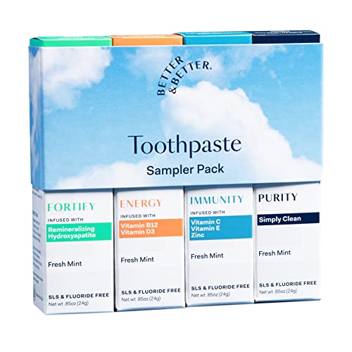 Better & Better Toothpaste Sampler Pack | Fluoride Free, SLS Free Toothpaste for Sensitive Brushers | 4 CT Mini Tubes | Fresh Breath with Organic Mints | Natural, Vegan, Whitening Toothpaste