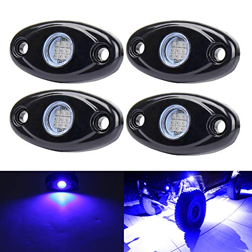 Blue LED Rock Lights, 4 Pods Neon 12V Waterproof Underglow Underbody Kit Crawler Crawling Dome Exterior Wheel Lights for ATV RZR UTV SUV Off-Road Auto Boat Motorcycle Glow Trail Rig Fender Lamp