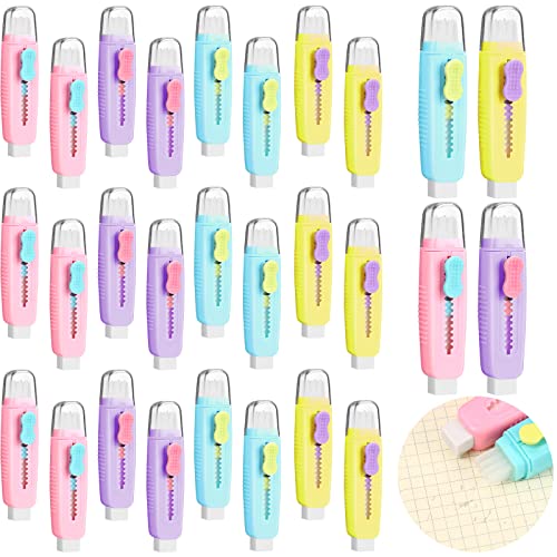 24 Pack Back to School Retractable Pencil Erasers with Brush Creative Erasers Colored Push Pull Rubber Eraser for Kids School Office Pencils Painting Drawing Gift Supplies, 4 Colors