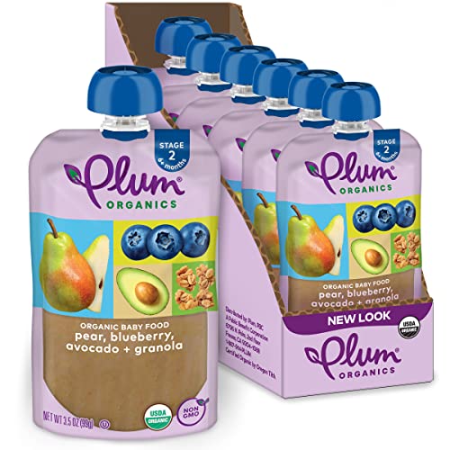 Plum Organics | Stage 2 | Organic Baby Food Meals [6+ Months] | Pear, Blueberry, Avocado & Granola | 3.5 Ounce Pouch (Pack Of 6)
