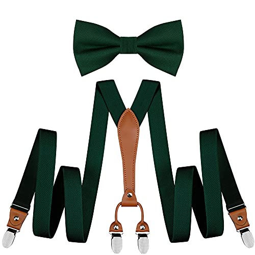 Y-Back Men's Elastic Dark Green Suspenders and Bowtie Set for Wedding Formal Events (0103-09)