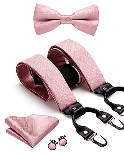 Dubulle Blush Pink Suspender and Bowties Set for Men Pre tied Rose Gold Bow Tie Pocket Square Cufflinks