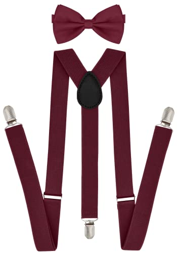 trilece Maroon Suspenders for Men with Bow Tie Sets - Unisex Men's Women's Costume Tuxedo Dress Suspenders and Bowtie Strong Clips (Burgundy, 1)