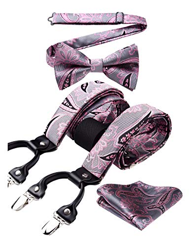 HISDERN Pink Bow Tie and Suspenders for Men Paisley Floral 6 Clips Adjustable Braces Y Shape tuxedo Suspenders with Pocket Square Set