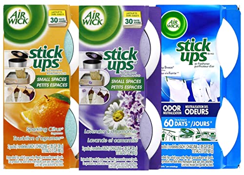 Stick Ups Air Freshener 3 Pack Variety Set for Small Spaces, Sparkling Citrus, Crisp Breeze and Lavender & Chamomile Scents, for Car, Home, Pets, Garbage Bins and More, Total of 6 Count