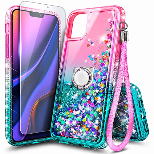 NGB Compatible with iPhone 12 Mini Case with Tempered Glass Screen Protector, Ring Holder/Wrist Strap, Girls Women Liquid Bling Sparkle Floating Glitter Cute Phone Case (Pink/Aqua)