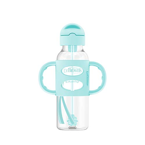 Dr. Browns Milestones Narrow Sippy Straw Bottle with 100% Silicone Handles, 8oz/250mL, Green, 1 Pack, 6m+