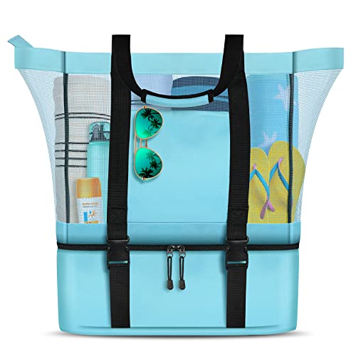 EUDELE Mesh Beach Tote Bag with Detachable Beach Cooler - MAX Capacity 38L 150lbs Ultra Durable for Women Blue