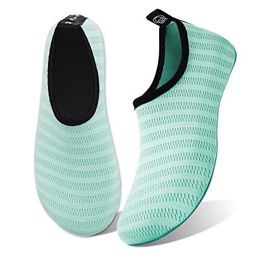 WateLves Water Shoes for Womens Mens Barefoot Quick-Dry Aqua Socks for Beach Swim Surf Yoga Exercise New Translucent Color Soles (Stripe-Light Blue, 34/35)