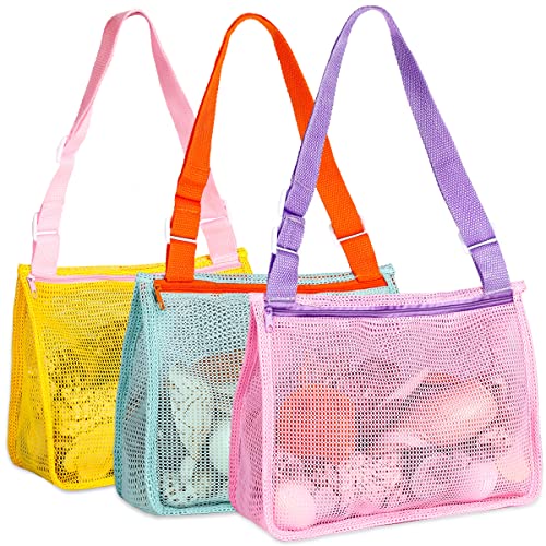 DAIKOYE Beach Toy Mesh Beach Bags - Kids Shell Collecting Bags Sand Toy Totes with Adjustable Carrying StrapsPerfect Fun for Kids Hunting Shells in The Sand (3 Pack)