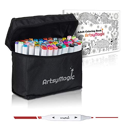 ArtsyMagic 80 Colors Dual Tip Alcohol Based Permanent Art Markers - Fine and Chisel Point - Highlighter Marker Pens Set - Bonus Case and Adult Coloring Book - Ideal for Drawing Sketching Graffiti