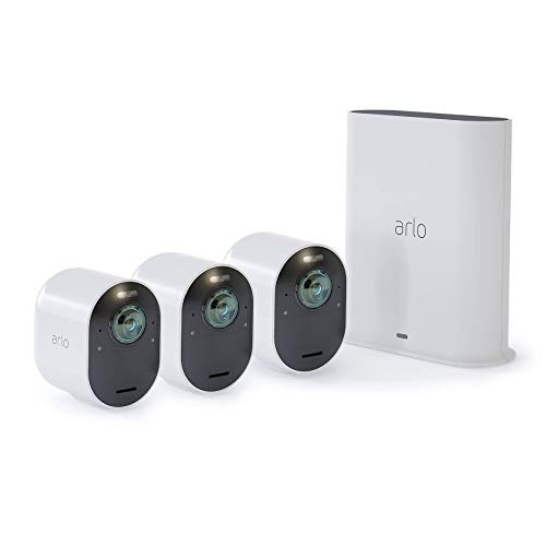 Arlo Ultra - 4K UHD Wire-Free Security 3 Camera System | Indoor/Outdoor with Color Night Vision, 180 View, 2-Way Audio,Spotlight, Siren | Compatible with Alexa and Homekit | (VMS534) (Renewed)