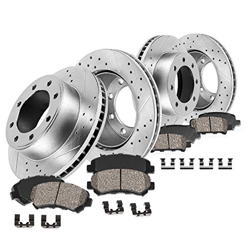Callahan Front and Rear Drilled Slotted 8 Lug Brake Disc Rotors and Ceramic Brake Pads + Hardware Kit For 2013 2014 2015 2016 2017 2018 Dodge Ram 3500