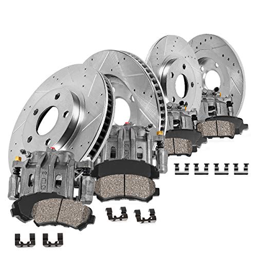 Callahan Front and Rear Replacement Calipers + Drilled Slotted Brake Disc Rotors and Ceramic Brake Pads + Hardware Kit For 2005 2006 Honda CR-V