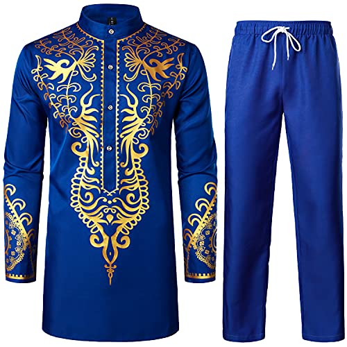 LucMatton Men's 2 Piece Outfit Long Sleeve Traditional Tunic Shirt and Pants Set Ethnic Dashiki Suit for African India Arab Wedding Party Royal Blue Gold X-Large