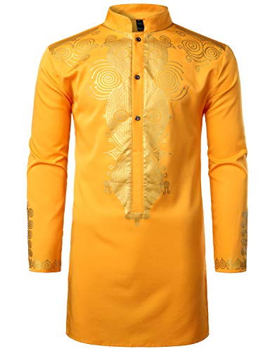 LucMatton Men's African Traditional Dashiki Luxury Metallic Gold Printed Mid Long Wedding Shirt Gold Yellow Large