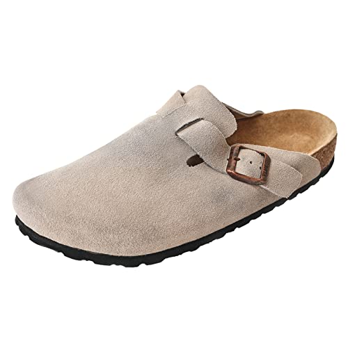 KLUKGE Boston Clogs for Men, Womens Suede Soft Leather Clogs Adjustable Buckle Cork Non-Slip Slippers Home Sandals Unisex Shoes(Light Grey UK 7)