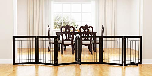 PAWLAND 144-inch Extra Wide 30-inches Tall Dog gate with Door Walk Through, Freestanding Wire Pet Gate for The House, Doorway, Stairs, Pet Puppy Safety Fence, Support Feet Included, Espresso,6 Panels