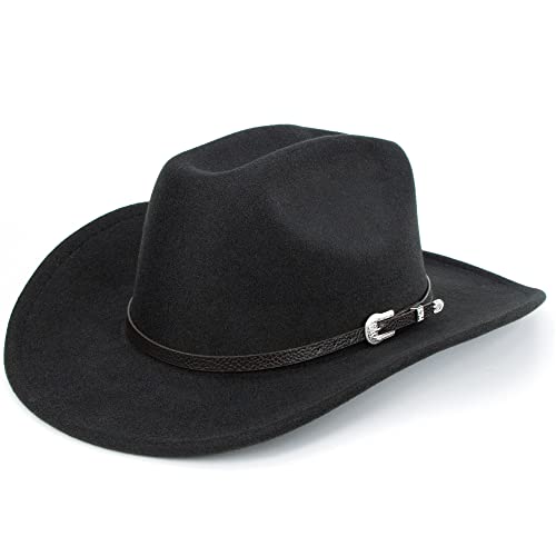 Classic Western Felt Cowboy Cowgirl Hat for Women Men Big Wide Brim Belt Buckle Panama Fedora (Size:Medium-Large)