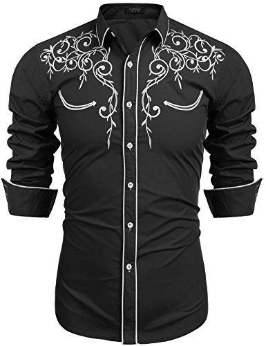 COOFANDY Men's Long Sleeve Shirt Embroidery Slim Fit Casual Button Down Shirt, 01-black, Medium