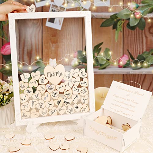 AerWo Wedding Guest Book Alternative, Wedding Books for Guests to Sign, Include White Wooden Guest Book Drop Box with Stand, Plywood Box and 71 Wooden Hearts, for Anniversary Wedding Reception Gifts