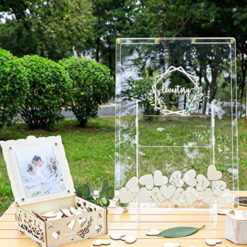 AerWo Wedding Guest Book Alternative, Guest Book Wedding Reception, Acrylic Guest Book Drop Box with Stand, Plywood Box, 100 Wooden Hearts and Marker Pen, Wedding Signs for Ceremony and Reception
