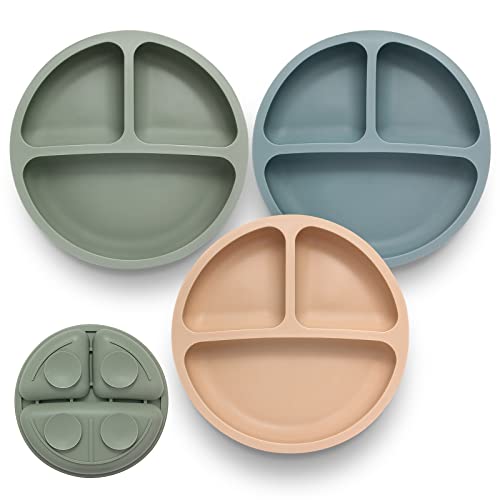 Eascrozn Toddler Plates 3 Pack, Divided Suction Plates for Baby, 100% Food Grade Silicone Baby Plates, Non-Slip, Baby Led Weaning Supplies, Microwave & Dishwasher Safe