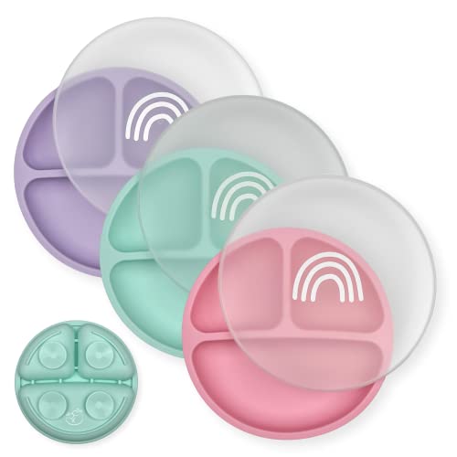 Hippypotamus Suction Plates with Lids - Babies & Toddlers - 100% Food-Grade Silicone Divided Plates - BPA Free - Dishwasher Safe - Set of 3 (Pink/Mint/Lavender)