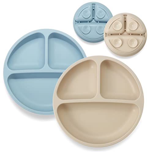 PandaEar 2 Pack Toddler Plates Silicone Suction Plates for Baby Kids| Divided Unbreakable Baby Feeding Plate, Non-Slip, Non-Toxic, BPA Free, Dishwasher and Microwave Safe