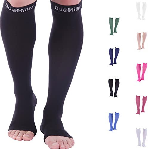 Doc Miller Open Toe Compression Socks Women and Men, Toeless Compression Socks Women, Support Circulation Shin Splints and Calf Recovery, Varicose Veins, 1 Pair Black Knee High, Large, 20-30mmHg