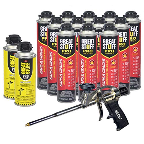 GREAT STUFF PRO Gaps and Cracks - 24oz Fireblock Foam Insulation Sealant, Pack of 12. Closed Cell, Polyurethane Expanding Spray Foam. Seals & Insulates Gaps Up to 3". Applicator Gun, Cleaner Included