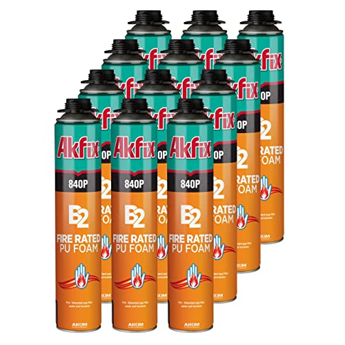 Akfix 840P Fire Block PU Spray Foam - Insulation & Aerosol Polyurethane Foam for Filling, Sealing and Bonding on Window, Wall and Joints with Fire Stopping Effect, Paintable | 12 Pack, Can, 25.3 Oz.