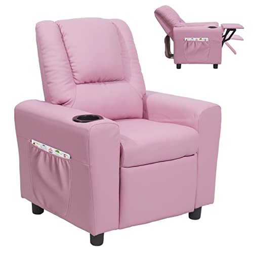chizzysit Kids Recliner Chair with Cup Holder, Toddler Recliner for Kids Age 0-5 with Side Pockets and Armrest, Small Child Sofa for Children Bedroom,Living Room, Pink Recliner for Girls and Boys