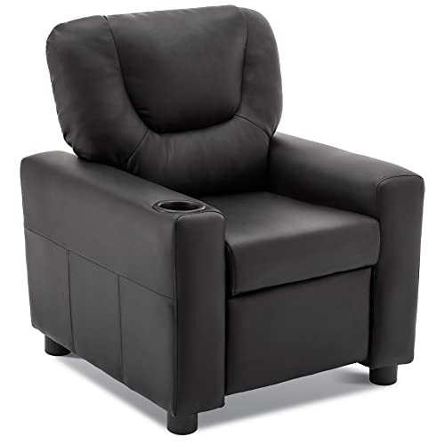 MCombo Kids Recliner Chair with Cup Holders for Boys and Girls Room,Armrest Sofa Couch with Cup Holder for Toddlers,Faux Leather 7240 (Black)