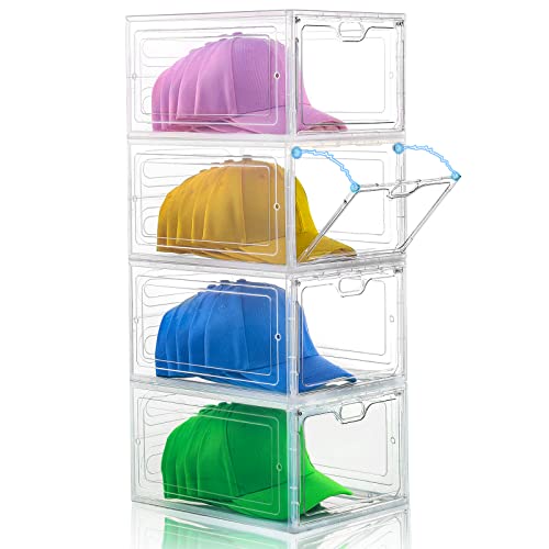 INSTY Hat Organizer Box for Baseball Caps, 4 Pack Plastic Hat Storage Containers, Clear Hat Box for Hat Display, Stackable Dust Proof Hat Rack With Magnetic Door, Easy to Assemble Hat Holder