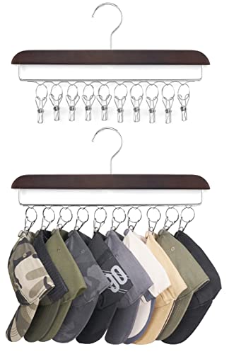 Mkono Hat Hangers for Closet Set of 2 Wooden Hat Organizer Racks for Baseball Caps with 20 Stainless Steel Clips, Baseball Hat Holder for Closet Storage, Fits All Caps, Walnut Color