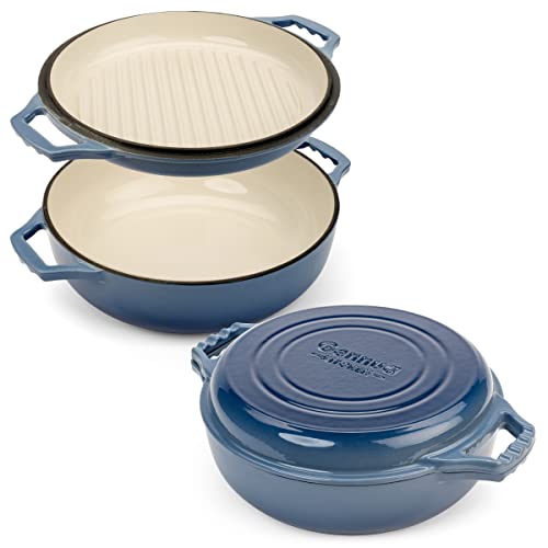 Gennua Kitchen 2-in-1 Enameled Cast Iron Braiser Pan with Grill Lid - 3.3-Quart Dutch Oven, Serves as Both Casserole & Stovetop Grill Pan, Never Needs Seasoning, Blue