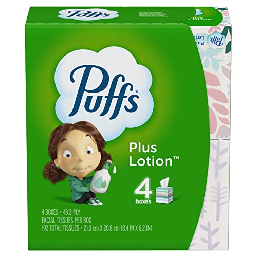 Puffs Plus Lotion Facial Tissues, Cube, 4 Boxes (48 Count Each)