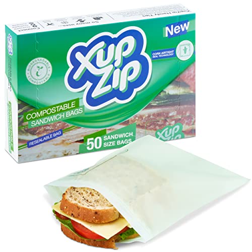 XupZip Certified Compostable Sandwich Bags 7x7 inch - 100-Pack Resealable Sandwich Bag - Strong Plant-Based Food Bag with Airtight Ziplock Seal - Biodegradable Sandwich Bags - Freezer-Safe Snack, Lunch Baggies