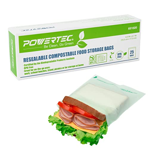 POWERTEC 651020 100% Compostable Sandwich Bags, 25 Count, 6.5"x6.7" | Resealable Food Storage Bags, Biodegradable & Eco-Friendly, BPA Free, ASTM D6400 Certified