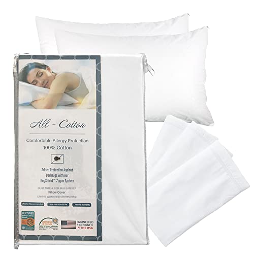 National Allergy Premium 100% Cotton Zippered Pillow Protector - Queen Size - White - 2 Pack - 300 Thread Count - Hypoallergenic Bed Pillowcase with Zipper - Breathable Encasement Cover