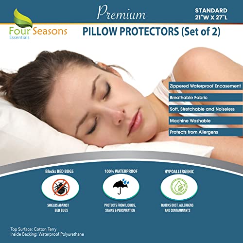 Standard Pillow Protectors (Set of 2)  Pillow Cover Waterproof Hypoallergenic Dust Proof Zippered Encasement- Cotton Terry