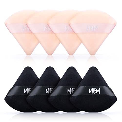 MEM Triangle Powder Puff - 8 Pcs Soft Velour Makeup Puffs for Face Powder Loose Powder Application, Wet and Dry Use, Sponge Beauty Makeup Tools, Skin-Friendly, with Satin Ribbon for Easy Handling