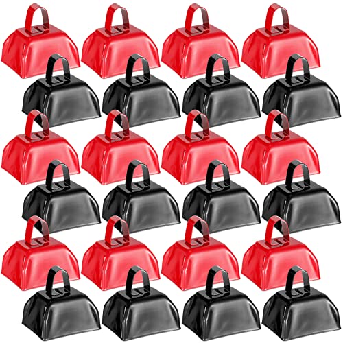 24 Pcs Metal Cowbell with Handle Cow Bells Noise Makers for Sporting Events Small Cow Bell Loud Bells Noisemaker Call Bells for Wedding Cheering Football Games, 3 x 2.8 x 2.5 Inch (Red, Black)