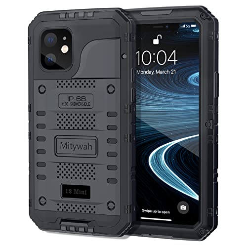 Mitywah Waterproof Case for iPhone 12 Mini, Heavy Duty Military Grade Case with Built in Screen Protector, Dustproof Shockproof Metal Case 5.4 inch, Black