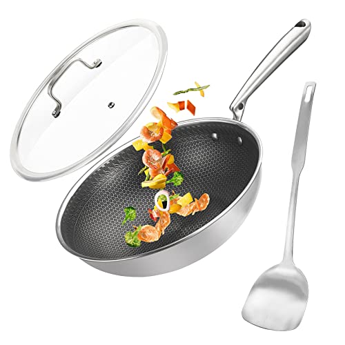 Potinv Nonstick Wok Pan with Lid,Honeycomb Wok Frying Pan 12 inch with Stay Cool Handle,Stainless Steel Cooking Wok,Induction Compatible,Scratch Resistant,Dishwasher and Oven Safe