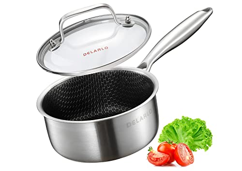 DELARLO Tri-Ply Hybrid Stainless Steel Sauce Pan Sauce Pot, Small Saucepan With Glass Lid, Nonstick Honeycomb Induction Saucier Pot Cookware, Dishwasher Safe & Oven Safe(1.5 Quart)