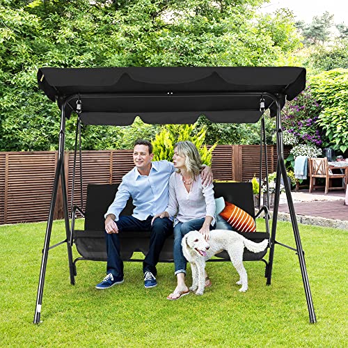 3-Seat Patio Swing Chair,Outdoor Porch Swing with Adjustable Canopy and Durable Steel Frame for Patio, Garden, Poolside(Black) 1
