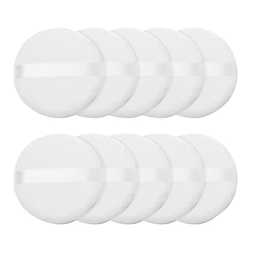 10 Pcs Powder Puff for Powder Foundation Body Powder and Loose Powder, 3.15 Inch Soft Cotton Smooth Apply Facial and Body Powder Puff with Ribbon Band Handle - White