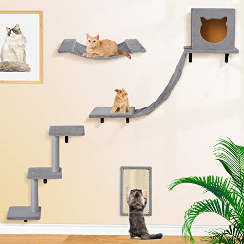 Cat Wall Furniture Set-Cat Wall Shelves Include Cat Hammock, Cat Condo with Cat Bridge, Cat Step with Cat Scratching Post Cat House for Indoor Cat Wall Mounted Cat Tree